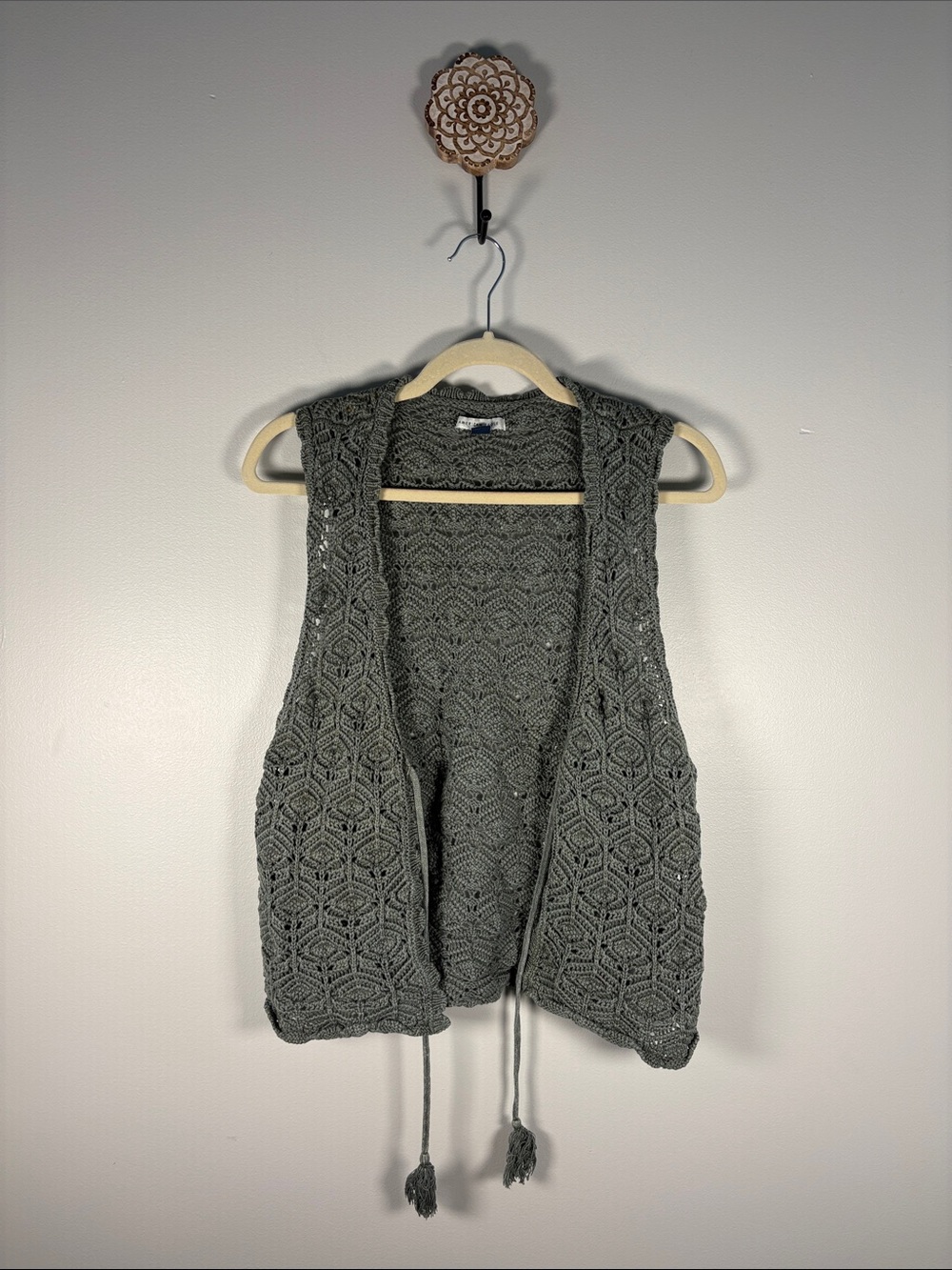 American Eagle Outfitters Olive Green Crochet Open-Front Vest 100% Cotton
